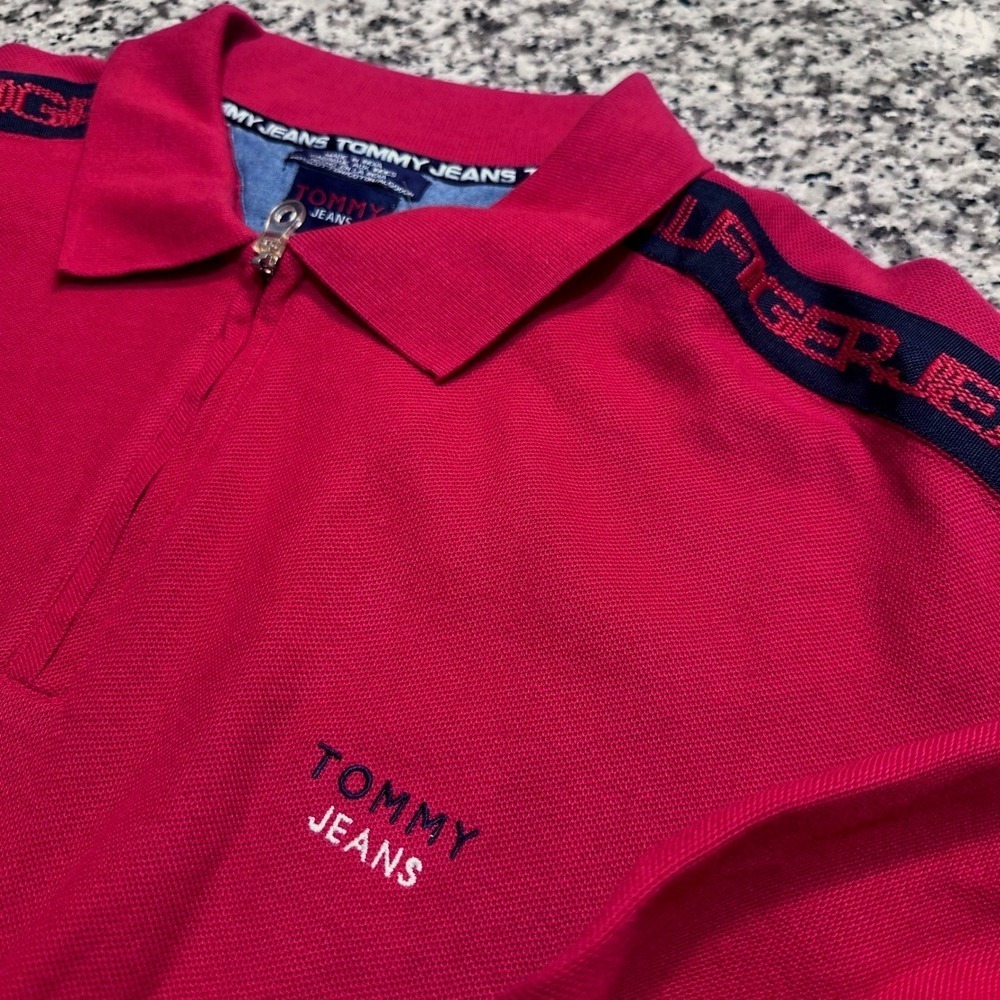 NWT Tommy Hilfiger Jeans Mens Long Sleeve Quarter Zip Polo Shirt Red XL Logo